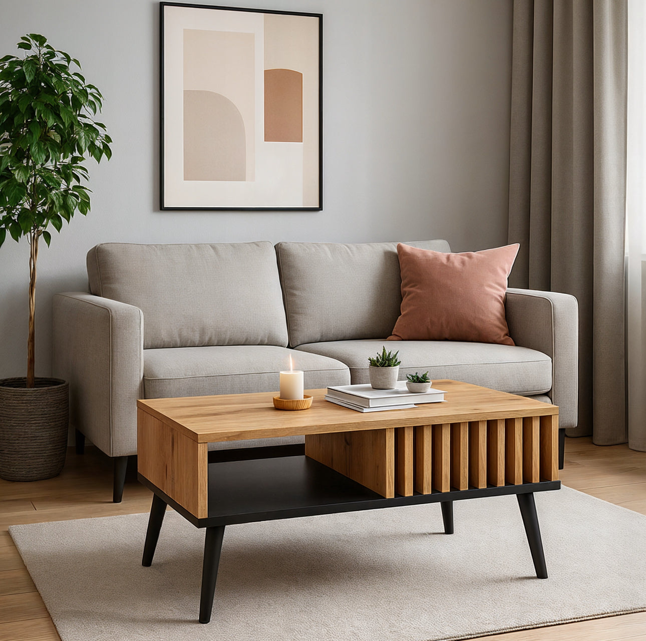 Skandinavisk sofabord i eikefiner og sort, 90x50x43 cm – moderne design med oppbevaringshylle og lamelldetaljer