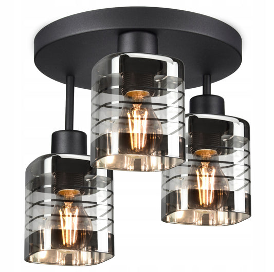 Taklampe med tre glasskjerm i røykfarget design og svarte detaljer