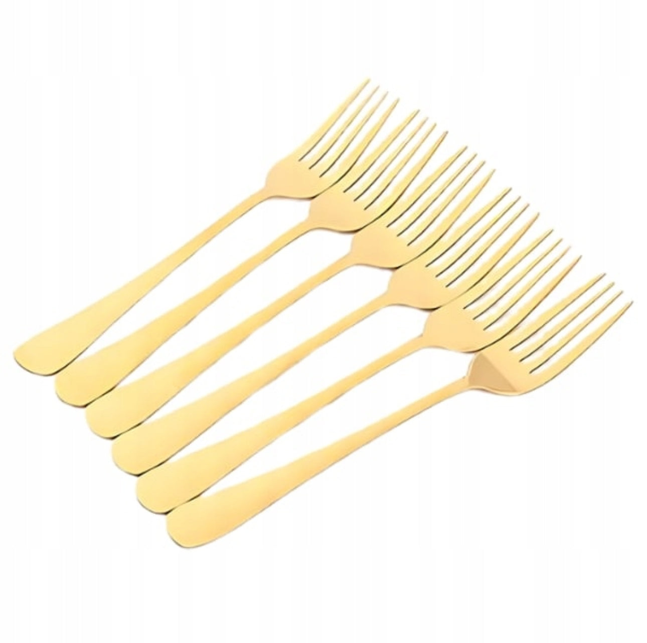 Seks gullfargede gafler i rustfritt stål med elegant, minimalistisk design