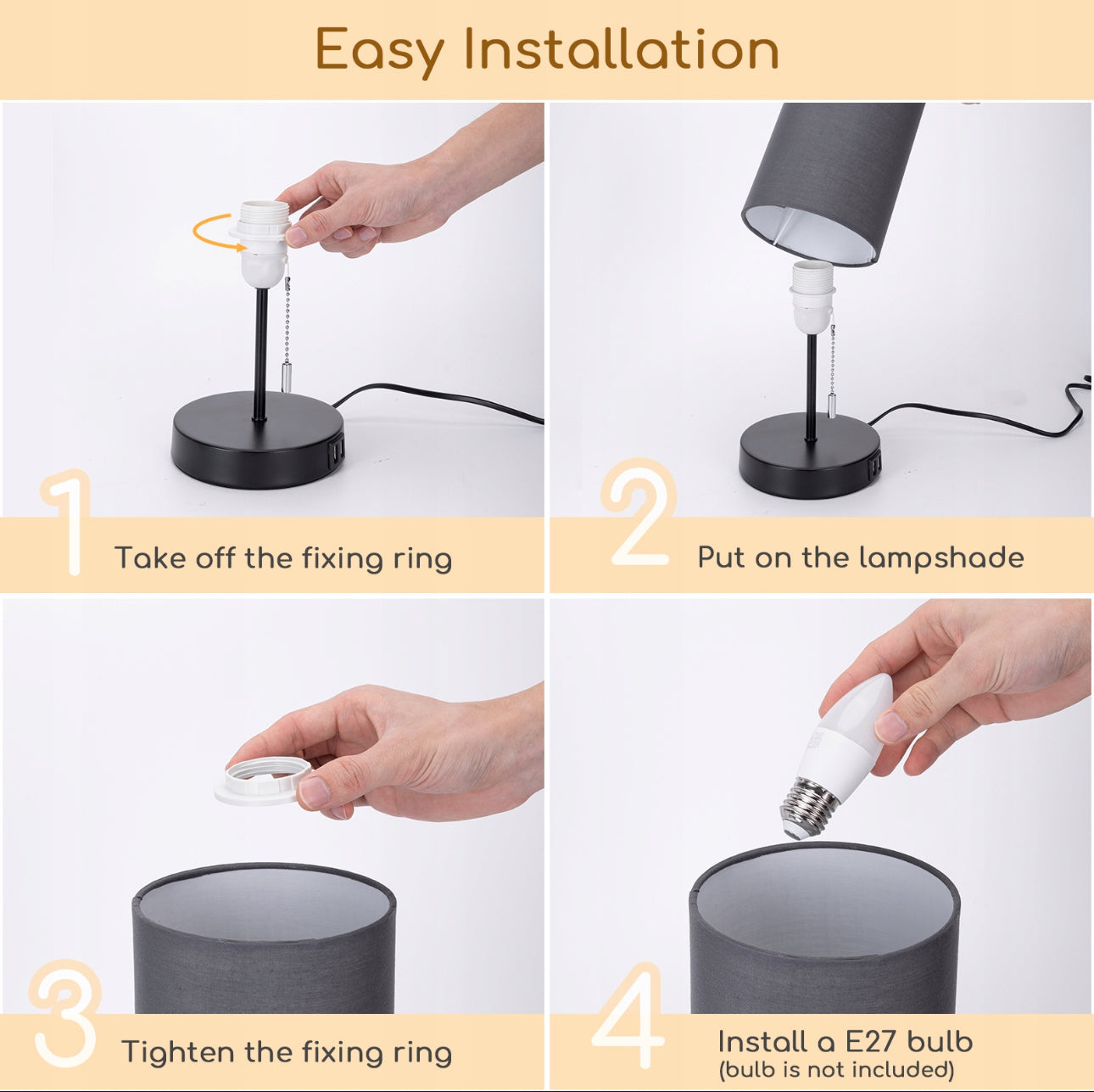Moderne bordlampe i sort med grå tekstilskjerm, 38,5 cm høy, metallbase og to USB-porter for lading – perfekt som nattbordslampe eller skrivebordslampe.