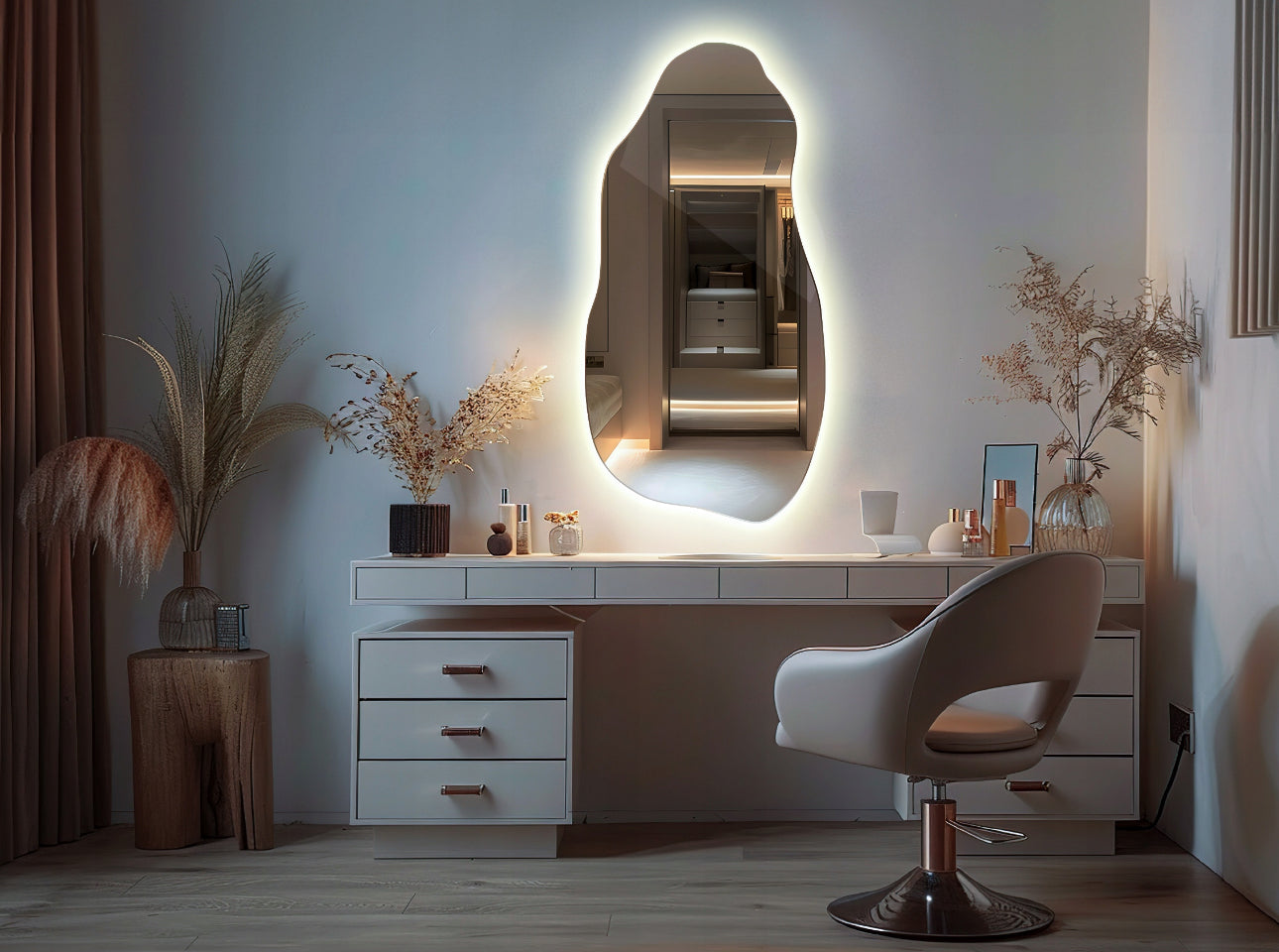Asymmetrisk LED-speil 50x100 cm med bakgrunnsbelysning – moderne design i klart glass med 4 mm tykkelse, nøytral lysfarge 4000K, monteres med metalloppheng