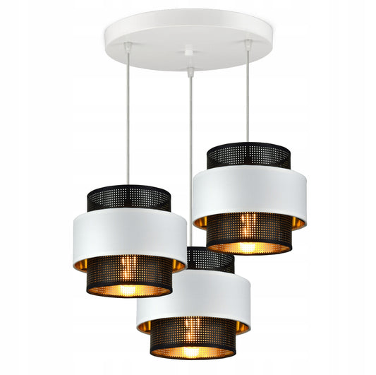 Moderne taklampe med fire hvite og svarte metallskjermer, hengende fra rund hvit takplate