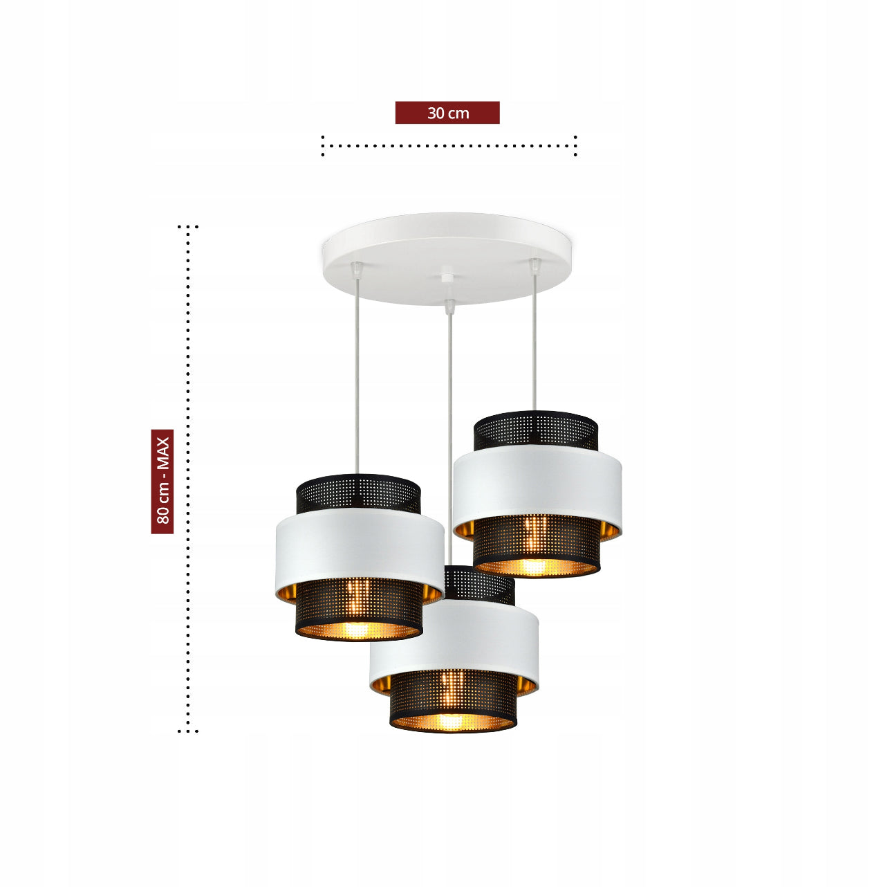 Taklampe i hvitt og svart metall, maks høyde 80 cm og bredde 30 cm