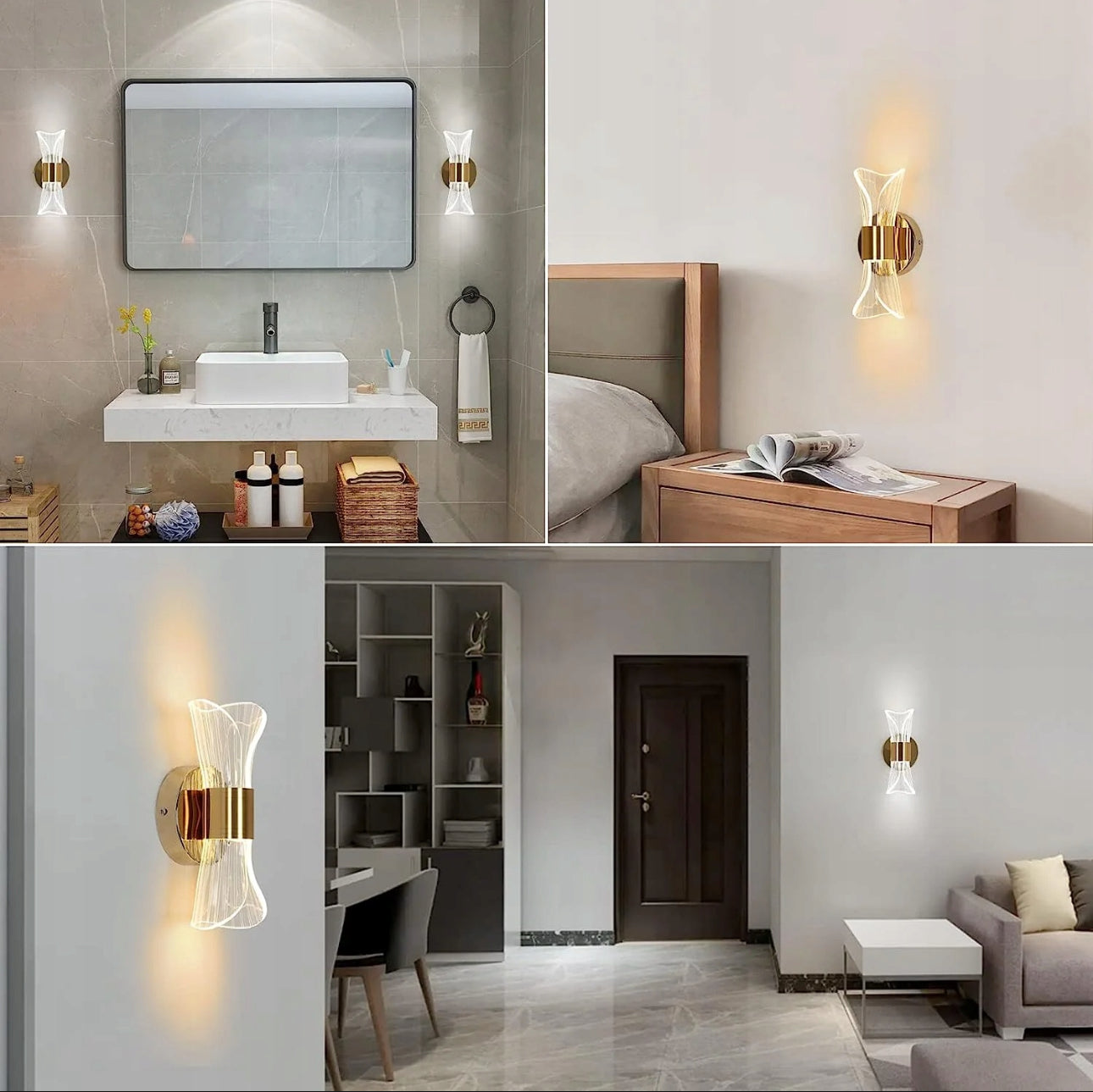 Moderne vegglampe i gull og akryl, 22 cm høy med 7,5 cm bredde, LED-lys med 12W effekt, justerbar fargetemperatur (3500K–6500K), stilrent design i metall og akryl for soverom og stue.