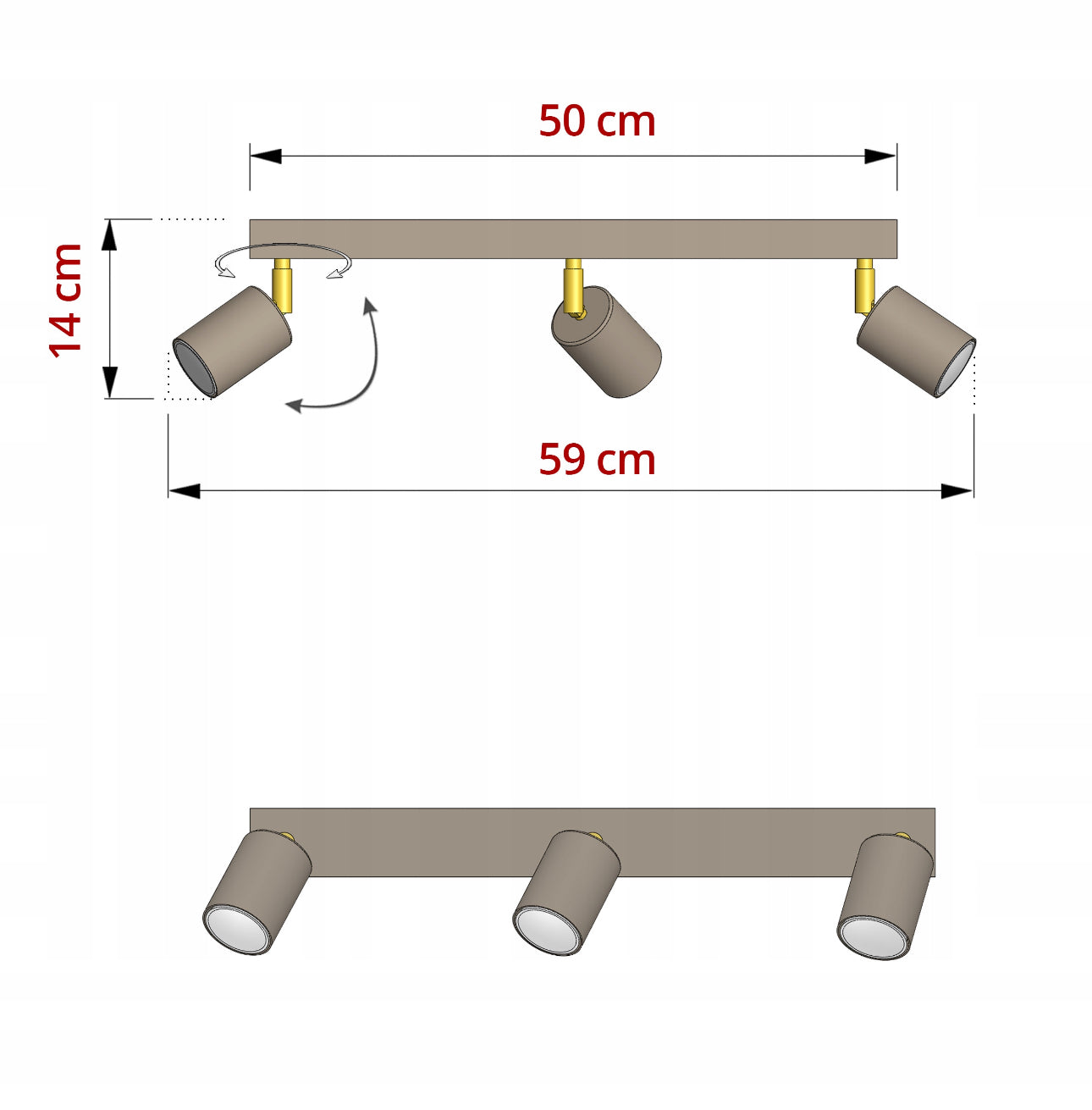 Teknisk tegning av takspot med mål: 59 cm bred og 14 cm høy, roterbare lamper