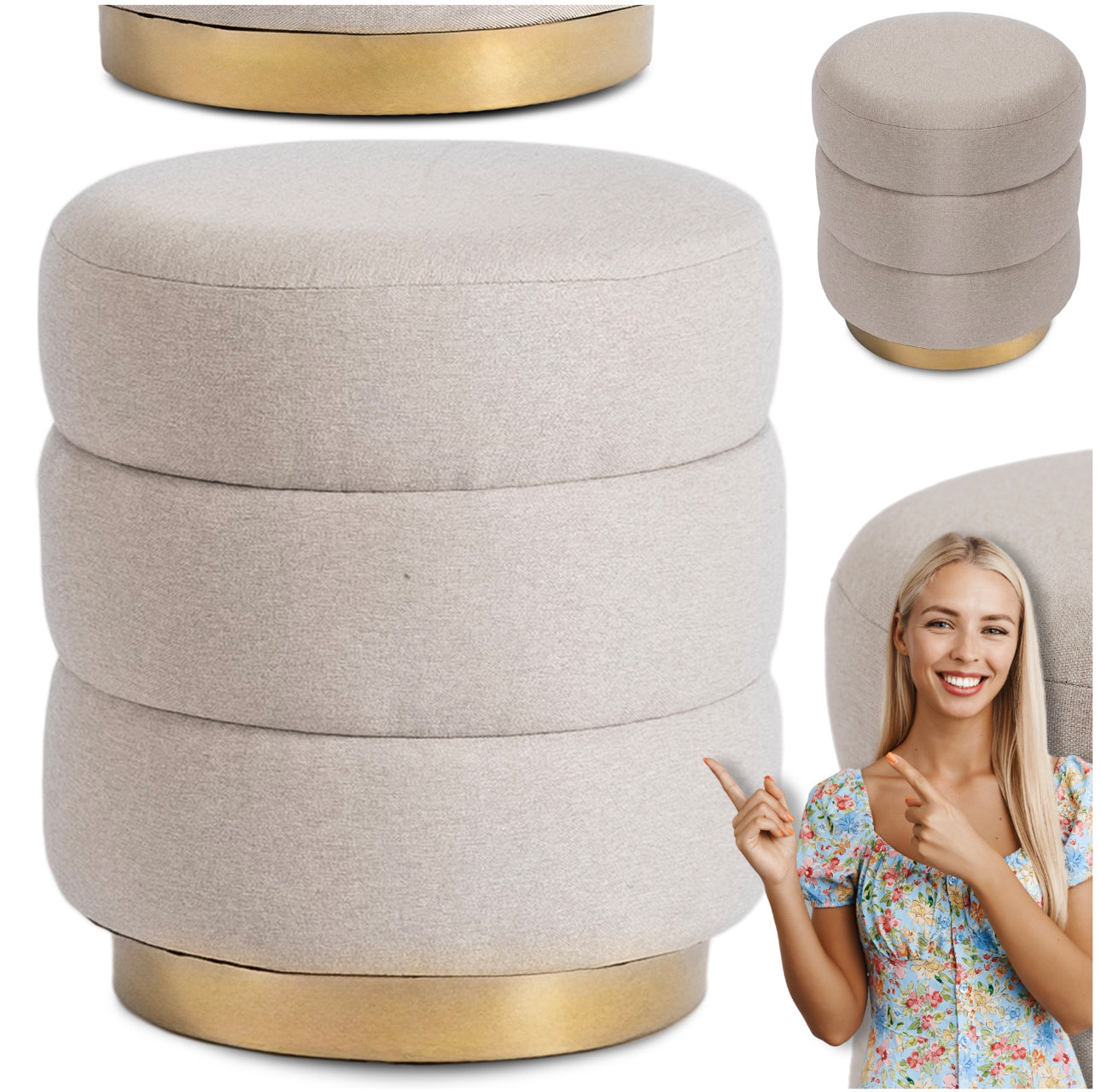 Rund puff i lys beige tekstil med gullfarget sokkel, vist i ulike vinkler