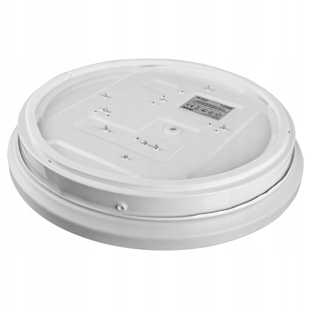 Bakside av rund LED taklampe med festeplater og tekniske detaljer