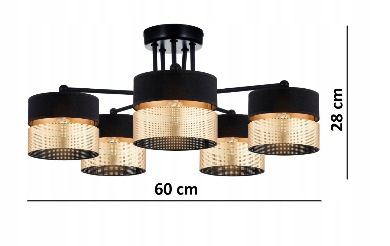 Taklampe svart gull med fem skjermer, mål 60 cm bredde og 28 cm høyde