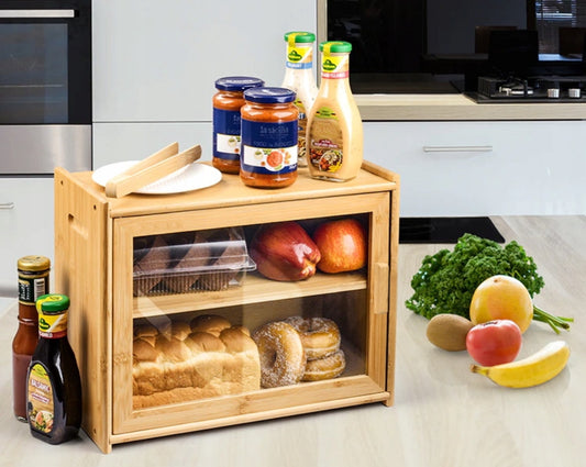 Bambus Brødboks Med Plexiglassvindu – 40x20x31 cm, Naturlig Bambus, To Nivåer, Magnetisk Lås for Ferskt Brød
