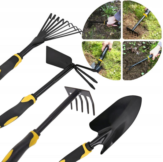 4-i-1 hageredskapsett med svart-gule ergonomiske håndtak og verktøy i slitesterk stål, inkludert spade, hakke, rake og løvrive. Lengde ca. 30 cm – perfekt til planting, luking og jordarbeid i hagen.