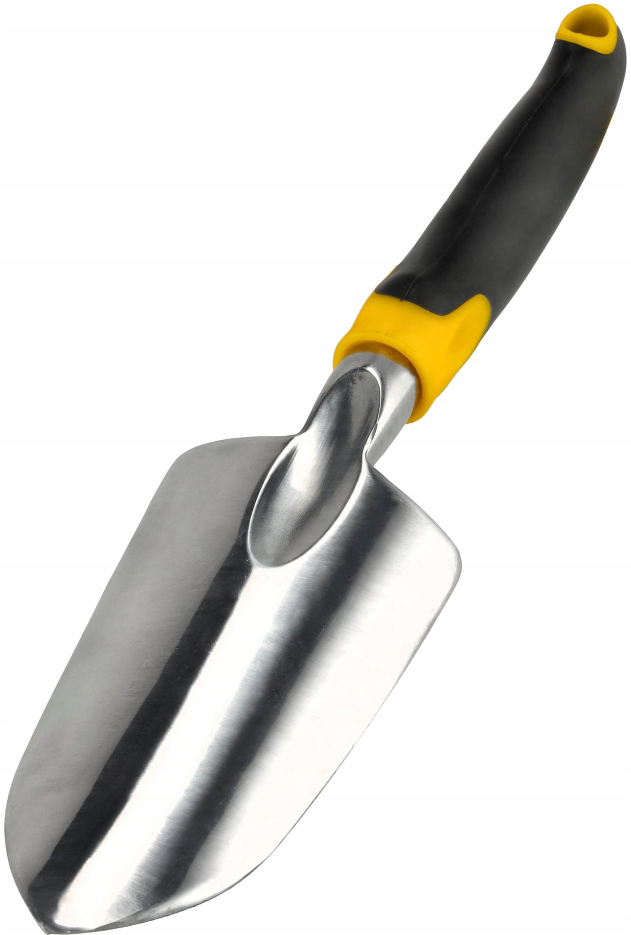 Bred hagespade i aluminium, 30 cm lengde, bladbredde 7,5 cm, svart og gul ergonomisk håndtak – perfekt til planting og hagearbeid.