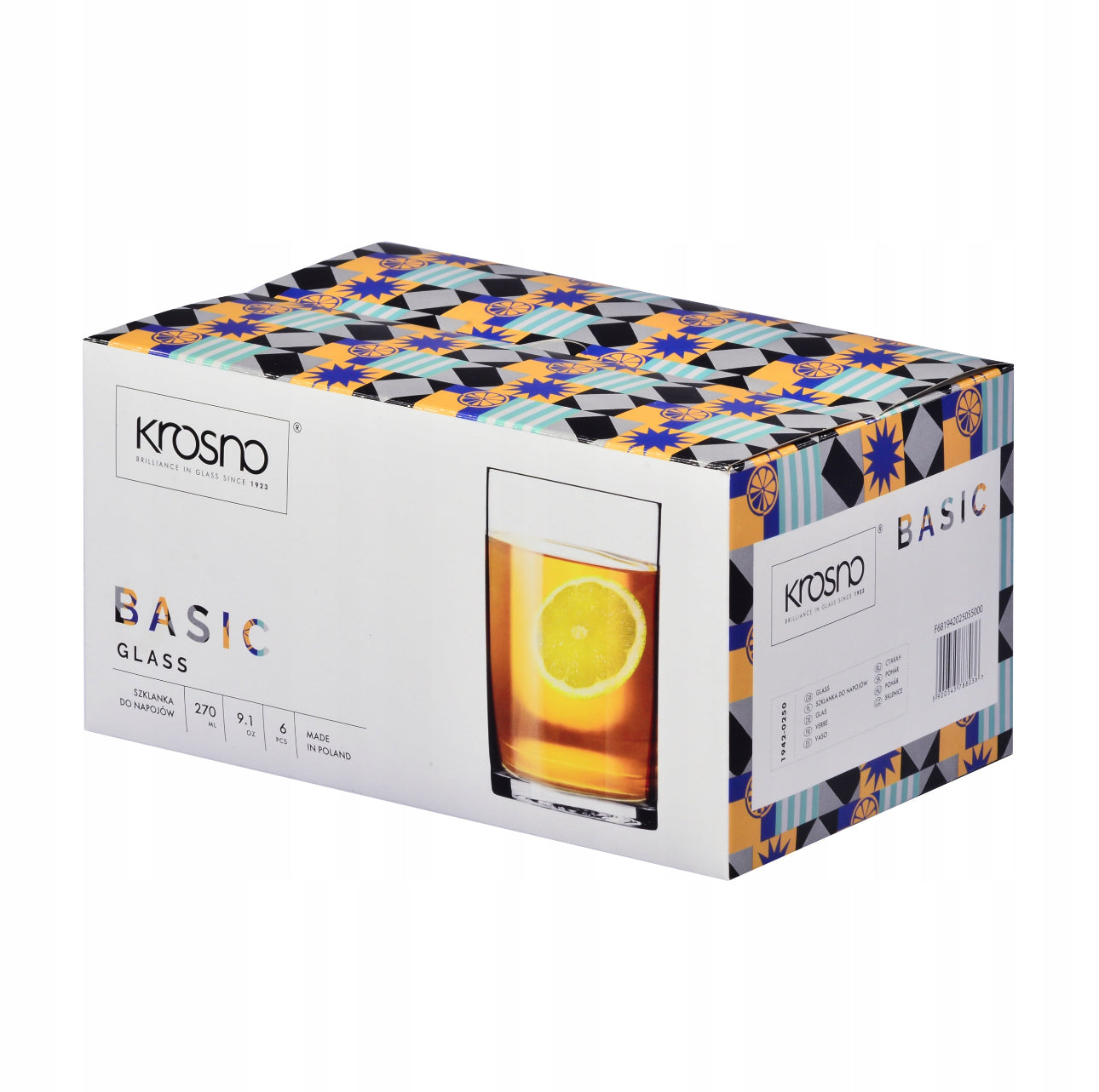 Eske med seks klare Krosno Basic glass, 270 ml kapasitet