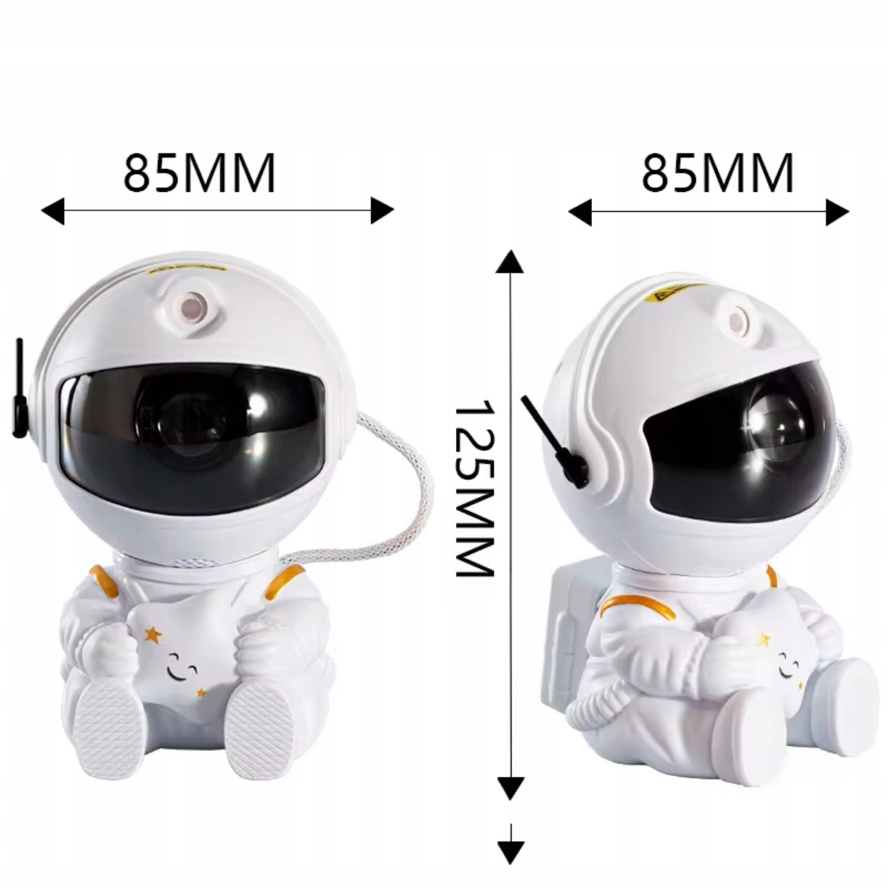 Måltegning av astronaut nattlampe projektor i hvit plast, 12,5 cm høy og 8,5 cm bred.