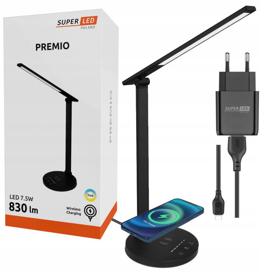 Svart LED skrivebordslampe med trådløs lader og USB-kabel