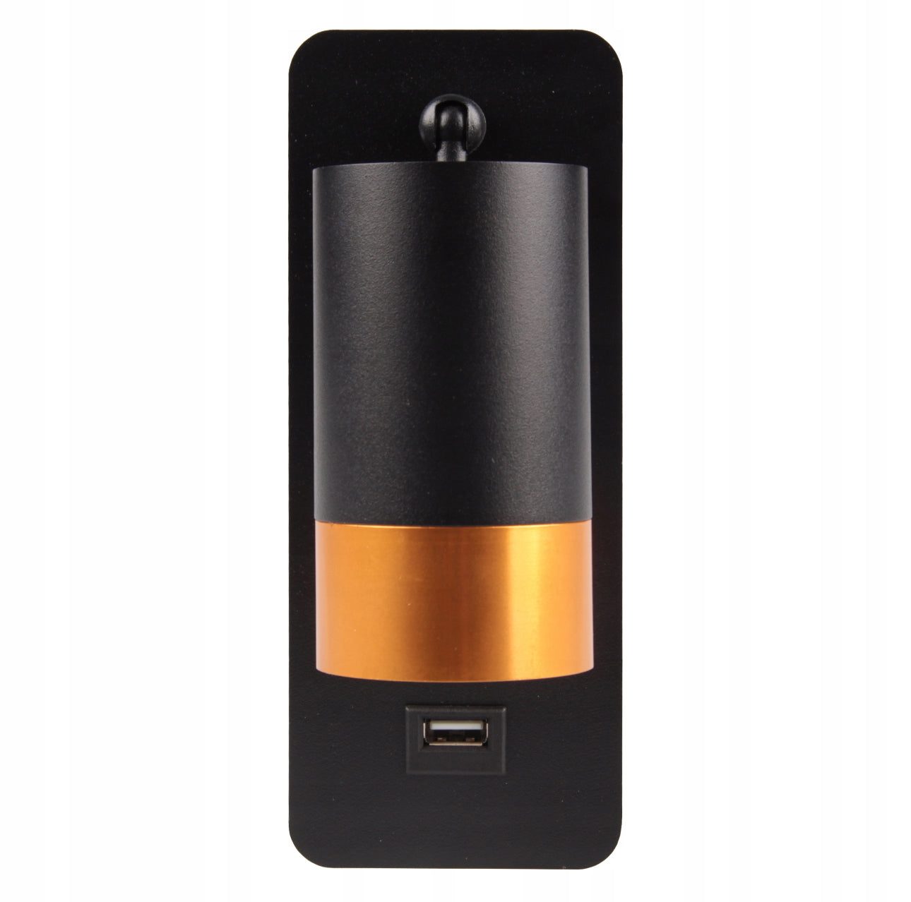 Moderne svart og gull vegglampe med USB-port frontvisning