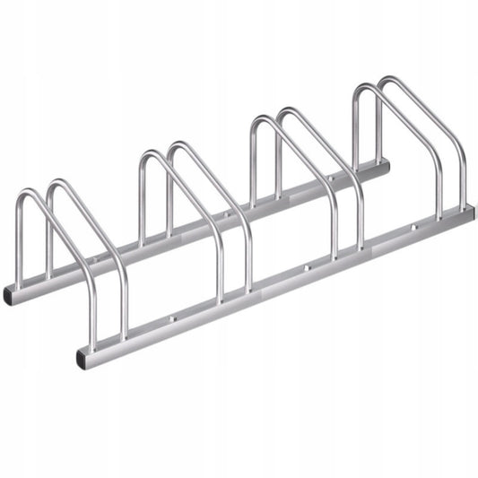 Galvanisert sykkelstativ i slitesterkt stål, plass til 4 sykler, dimensjoner: 119 x 34 x 26 cm, passer til dekkbredder opptil 60 mm, sølvfarget finish, egnet for innendørs og utendørs bruk.