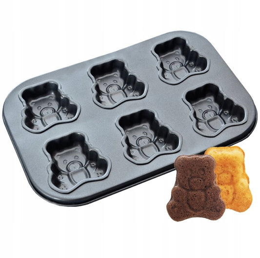Bakeform i svart stål med seks bjørneformede hull for kaker eller muffins