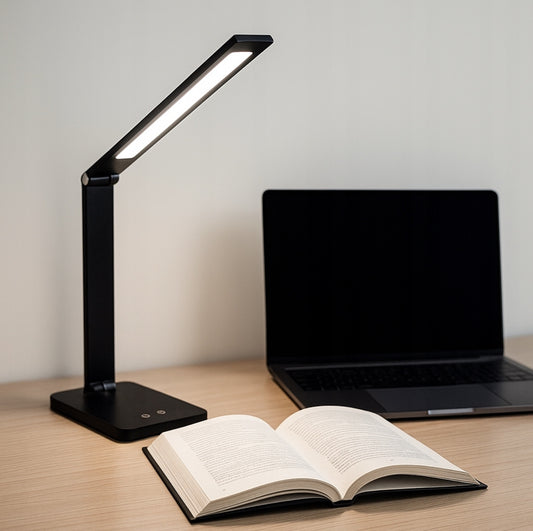 Moderne svart skrivebordslampe lyser opp bok og laptop på trepult