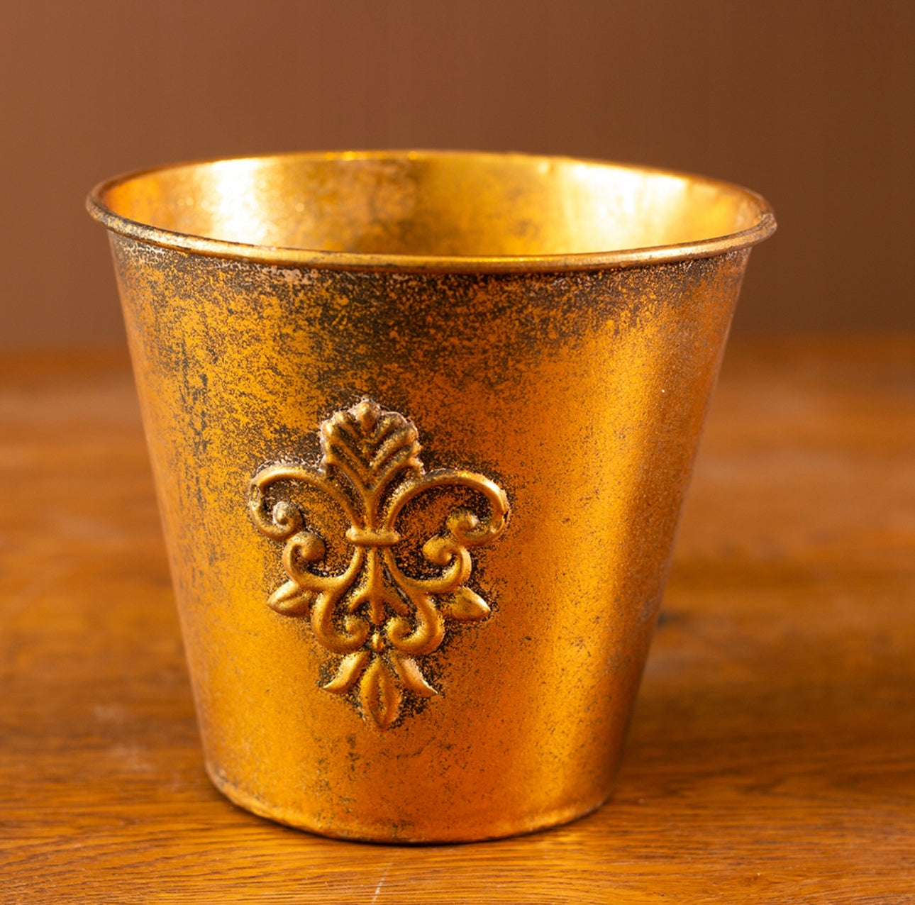 Sett med 2 runde blomsterpotter i metall – gullfarget med antikk finish og ornament, retro stil – stor potte Ø16,5 cm / H12,5 cm og liten potte Ø13,5 cm / H12 cm – perfekt til stue, borddekor og interiør