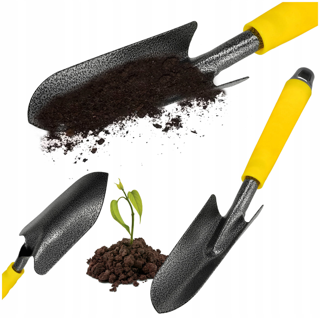 Smal hagespade i slitesterkt stål, 33 cm lang og 5,3 cm bred, med ergonomisk gult håndtak – perfekt til planting og hagearbeid.