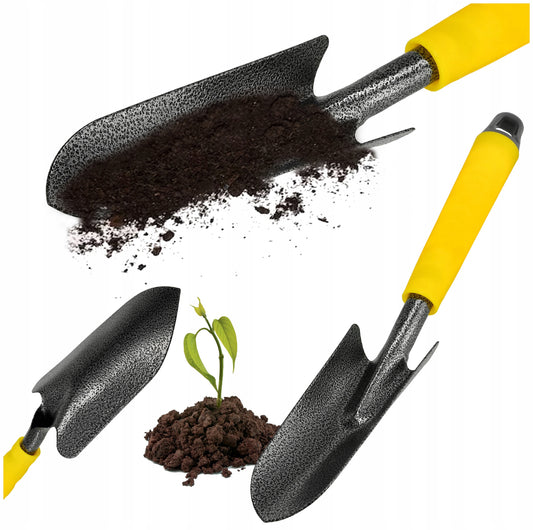 Smal hagespade i slitesterkt stål, 33 cm lang og 5,3 cm bred, med ergonomisk gult håndtak – perfekt til planting og hagearbeid.