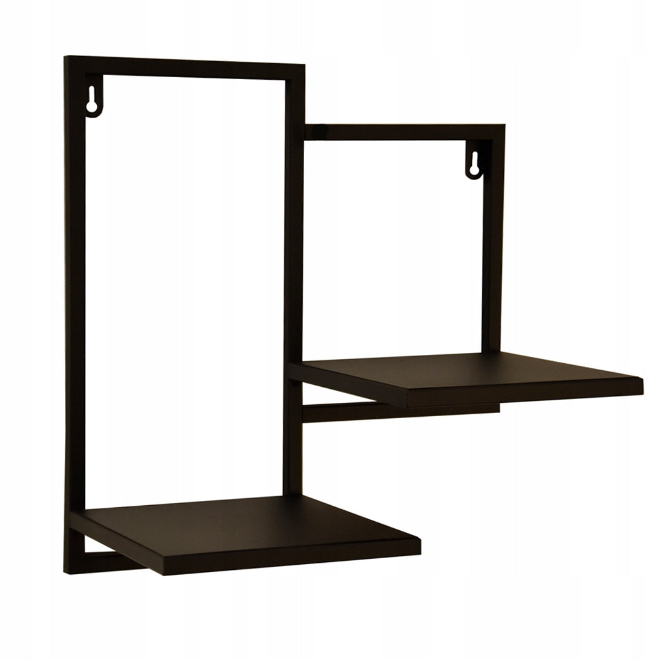 Vegghengt blomsterhylle i sort pulverlakkert metall, størrelse 36x35 cm med to hyller à 18x18 cm – perfekt til innendørs planter i moderne og industriell loftstil.