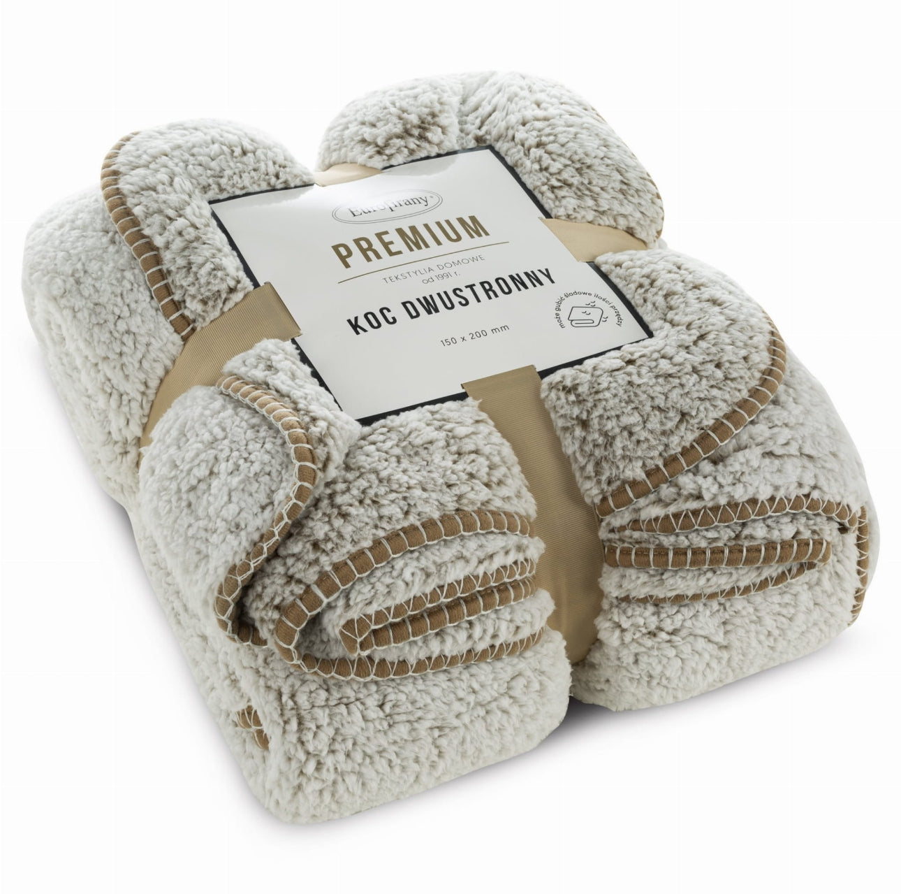 Sammenrullet bouclé-pledd i beige og hvitt med dekorativ kant og bånd