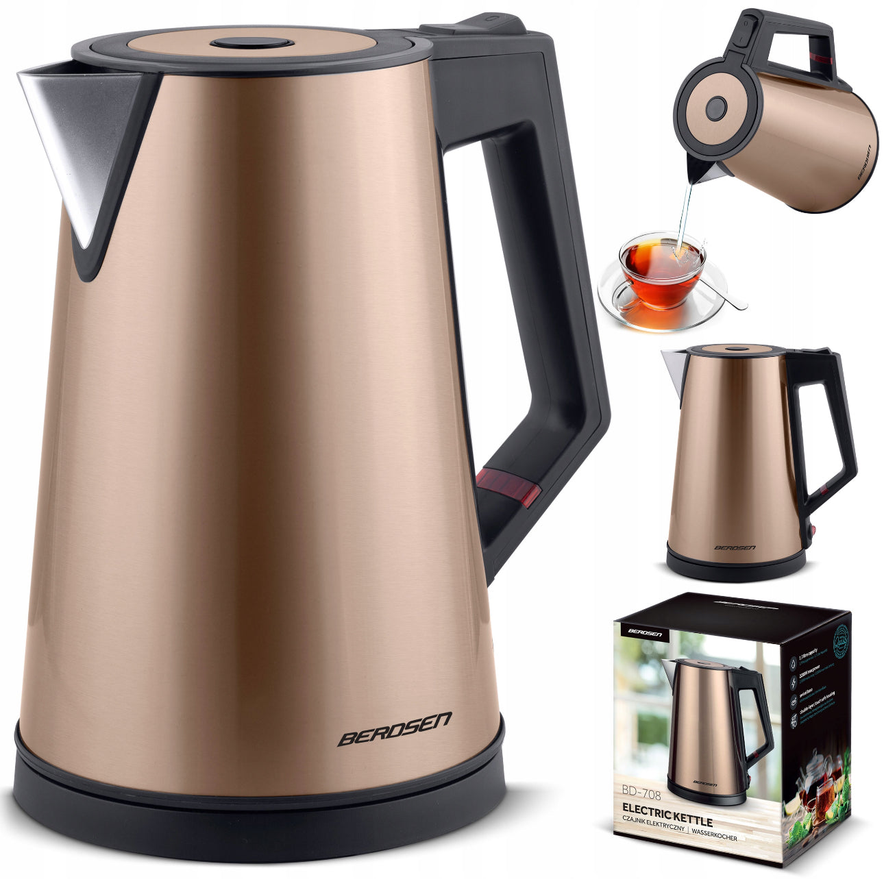 Elegant elektrisk vannkoker 1,7L i kobberfarge med rustfritt stål, BPA-fritt materiale og moderne design, 2200W for rask koking.