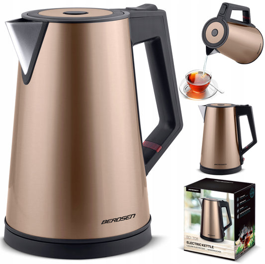 Elegant elektrisk vannkoker 1,7L i kobberfarge med rustfritt stål, BPA-fritt materiale og moderne design, 2200W for rask koking.