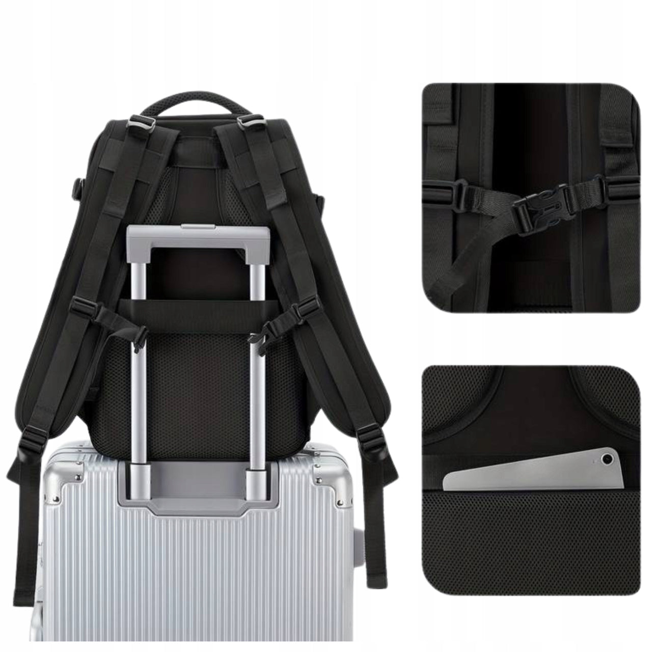 Svart kabinklar reisesekk 40x25x20 cm med flere lommer og USB-port, plassert på hvit bakgrunn