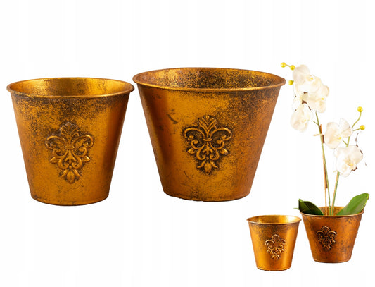 Sett med 2 runde blomsterpotter i metall – gullfarget med antikk finish og ornament, retro stil – stor potte Ø16,5 cm / H12,5 cm og liten potte Ø13,5 cm / H12 cm – perfekt til stue, borddekor og interiør