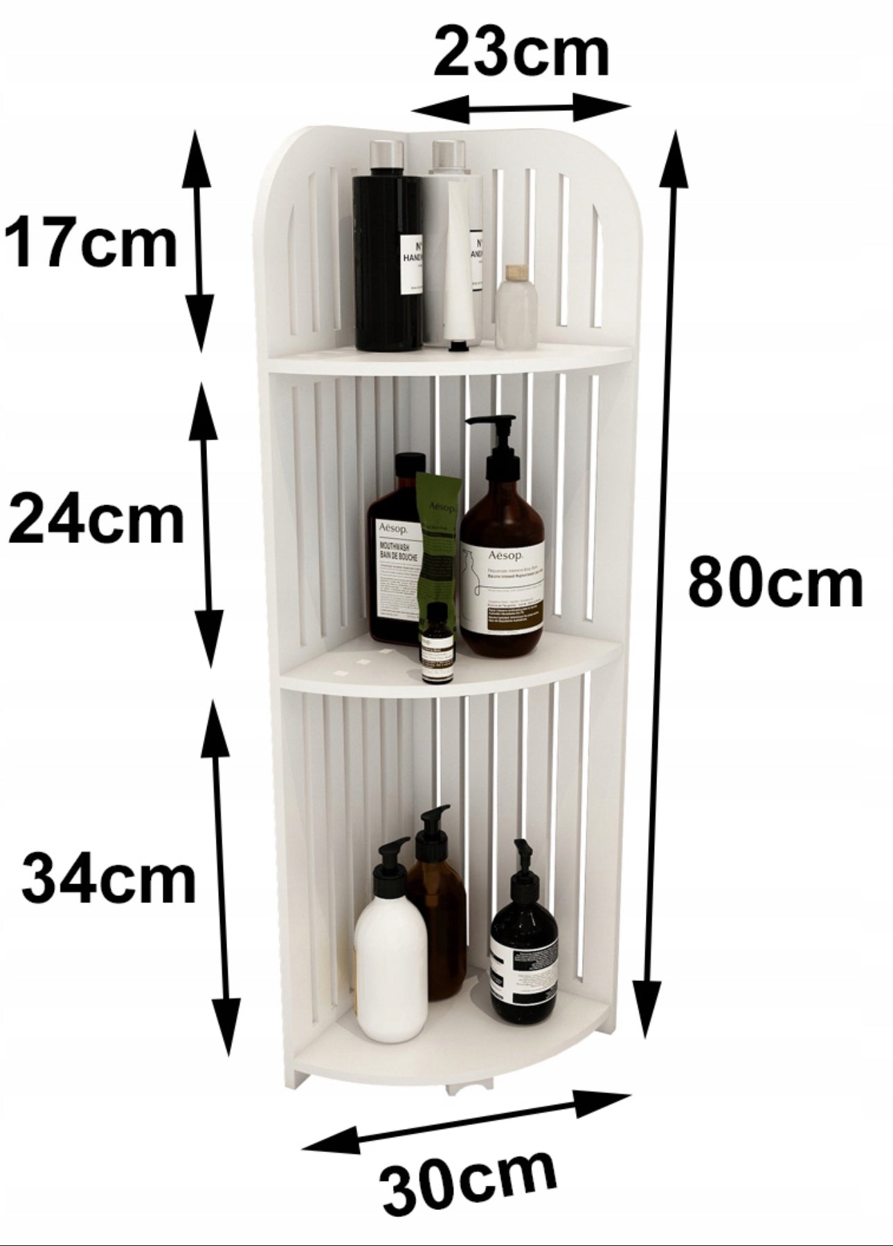Hvit hjørnehylle i vannavvisende WPC-materiale, 80 cm høy, 30 cm bred, 25 cm dyp, perfekt for oppbevaring på badet eller små rom.