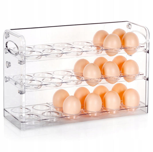 Gjennomsiktig eggoppbevaringsstativ i plast med tre nivåer, fylt med brune egg