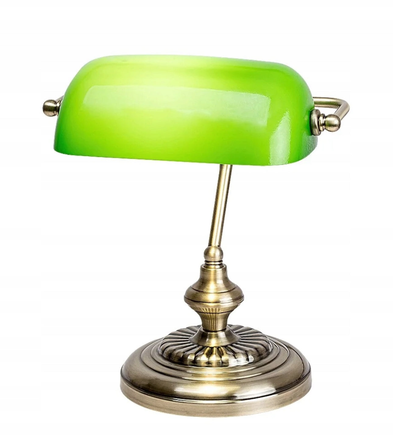Stilfull skrivebordslampe med grønn skjerm og antikk metallbase
