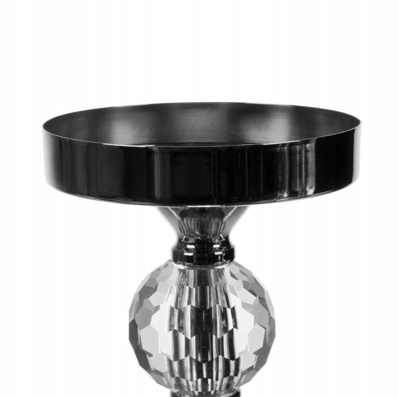 Sett med 3 lysestaker i sølvfinish med krystallkuler, laget av glass og metall, høyder på 28 cm, 34,3 cm og 40,9 cm, moderne design for elegant hjemmedekor.