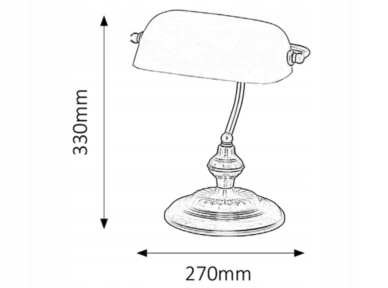 Illustrasjon av banklampe med grønn skjerm, høyde 33 cm, bredde 27 cm