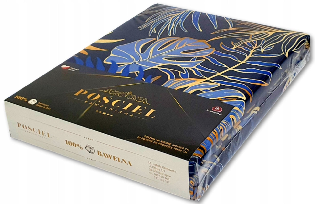 Sengesett 160x200 i 100% bomull med tropisk blått og gullmønstret design – inkluderer 2 putetrekk 70x80 cm – mykt, slitesterkt og Oeko-TEX sertifisert materiale.