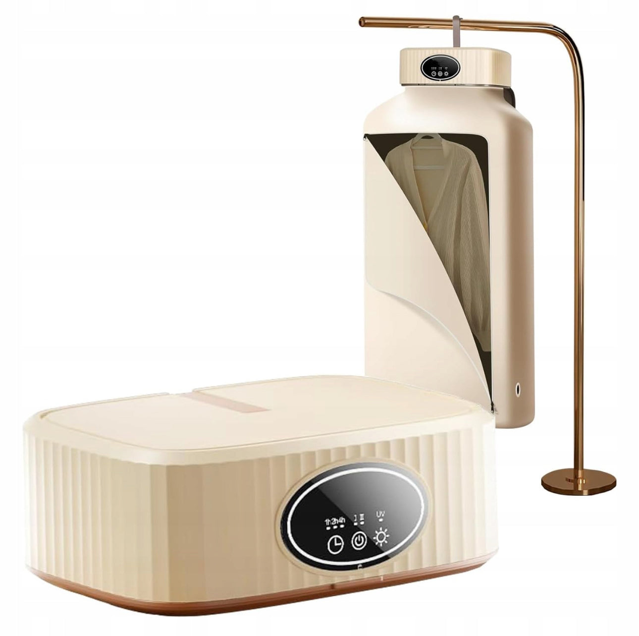 Beige bærbar kles­tørker med UV-sterilisering og digitalt display, sammen med elegant stativ og klespose