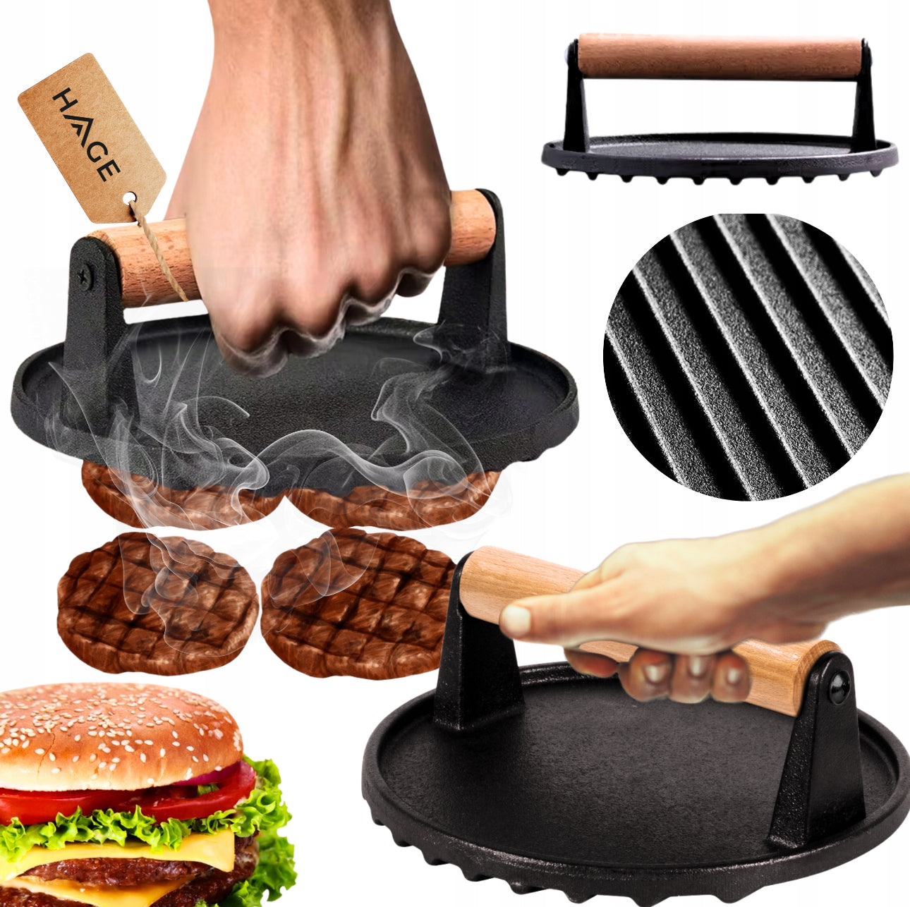 Støpejernspresse med trehåndtak presser kjøtt på grillplate for perfekte smashburgere