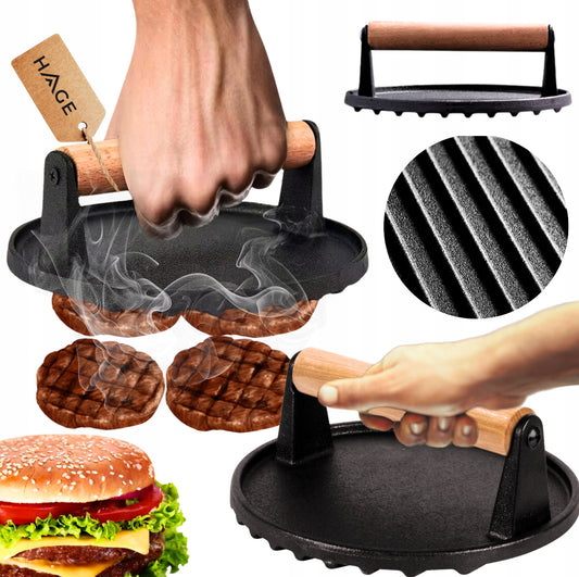 Støpejernspresse med trehåndtak presser kjøtt på grillplate for perfekte smashburgere