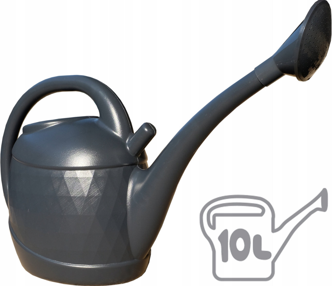 Grå vannkanne på 10 liter i slitesterk plast med Diamond 3D-mønster, perfekt for vanning av hage og planter.