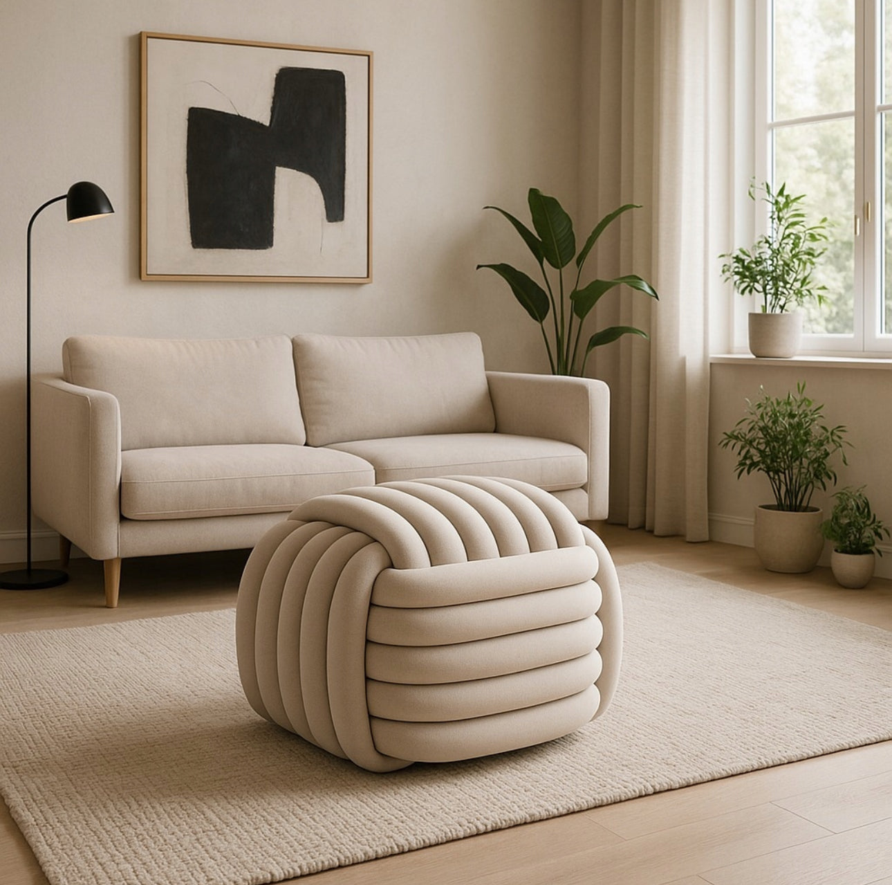 Lys puff i moderne stue med beige sofa og grønne planter