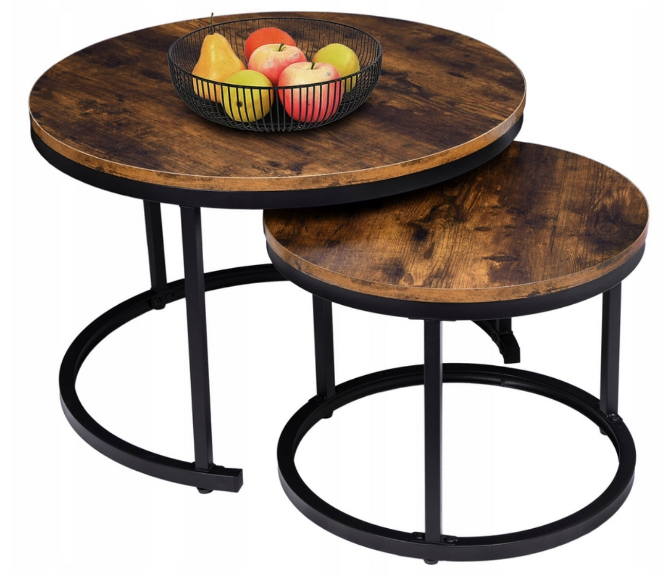 Sett med 2 runde sofabord i rustikk trelook og svart metall, stor: 60x45 cm, liten: 40x40 cm – slitesterk laminert MDF og pulverlakkert stål – ideelt for stue, loft eller moderne interiør.