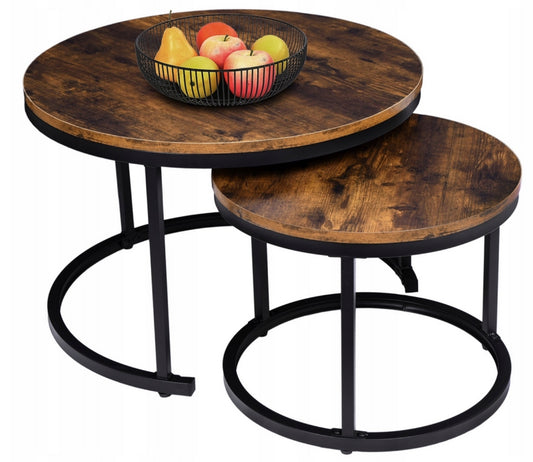 Sett med 2 runde sofabord i rustikk trelook og svart metall, stor: 60x45 cm, liten: 40x40 cm – slitesterk laminert MDF og pulverlakkert stål – ideelt for stue, loft eller moderne interiør.