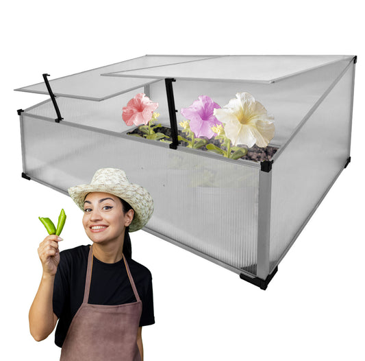 Gjennomsiktig mini drivhus i polykarbonat med åpne lokk og blomstrende planter