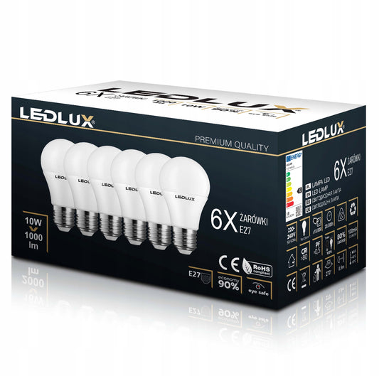 Pakke med seks LED lyspærer E27 10W 4000K nøytral hvit lysstyrke 1000 lumen