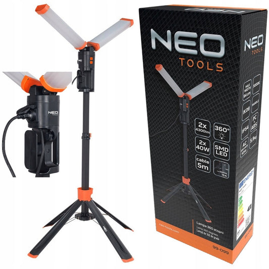 LED arbeidslampe 360° fra Neo Tools – robust og justerbar med IP54-sertifisering, 2x4300 lumen, energiklasse F, og integrert stikkontakt. Perfekt til byggeplass og verksted.