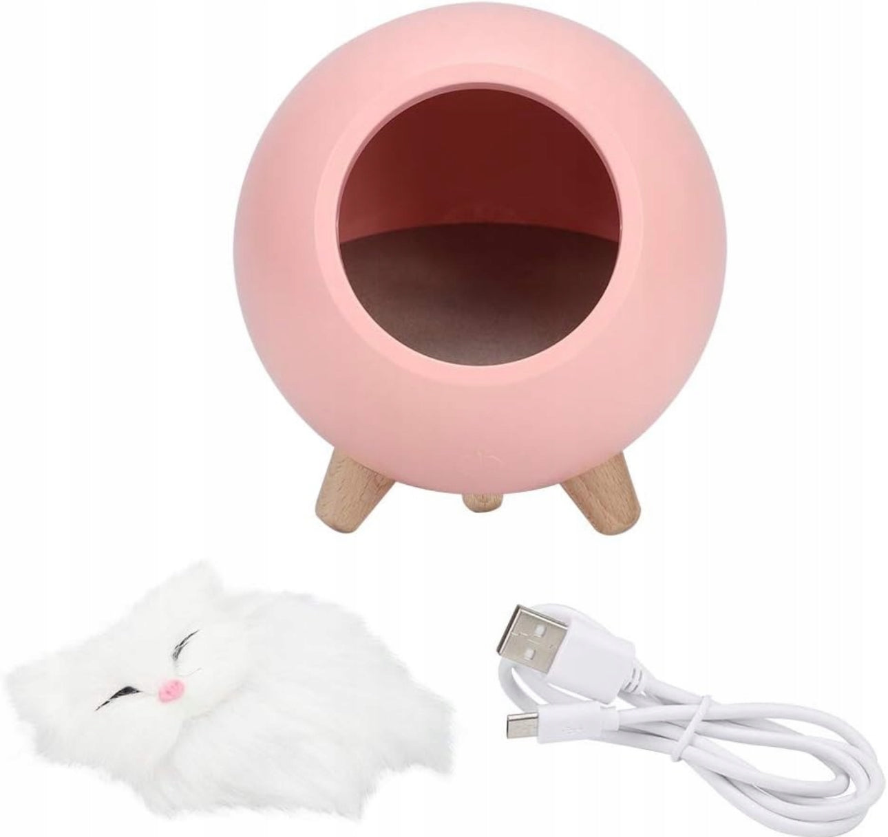 Rosa nattlampe med treben, avtagbar kattfigur og USB-ladekabel