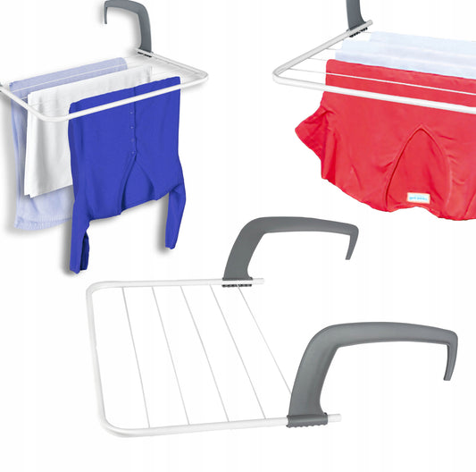 Hengende tørkestativ i hvit pulverlakkert stål med grå plastkroker, størrelse 51 x 36 cm, plassbesparende løsning for tørking av klær, håndklær og undertøy.