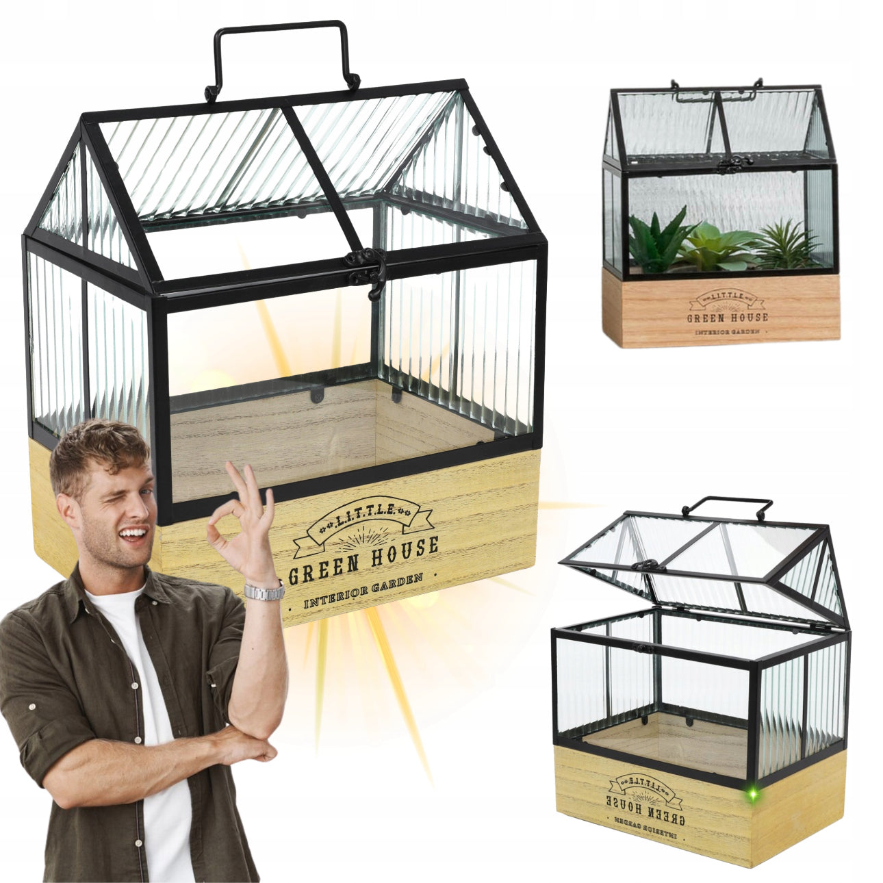 Glasshusformet minidrivhus med trekasse og metallramme i loftstil